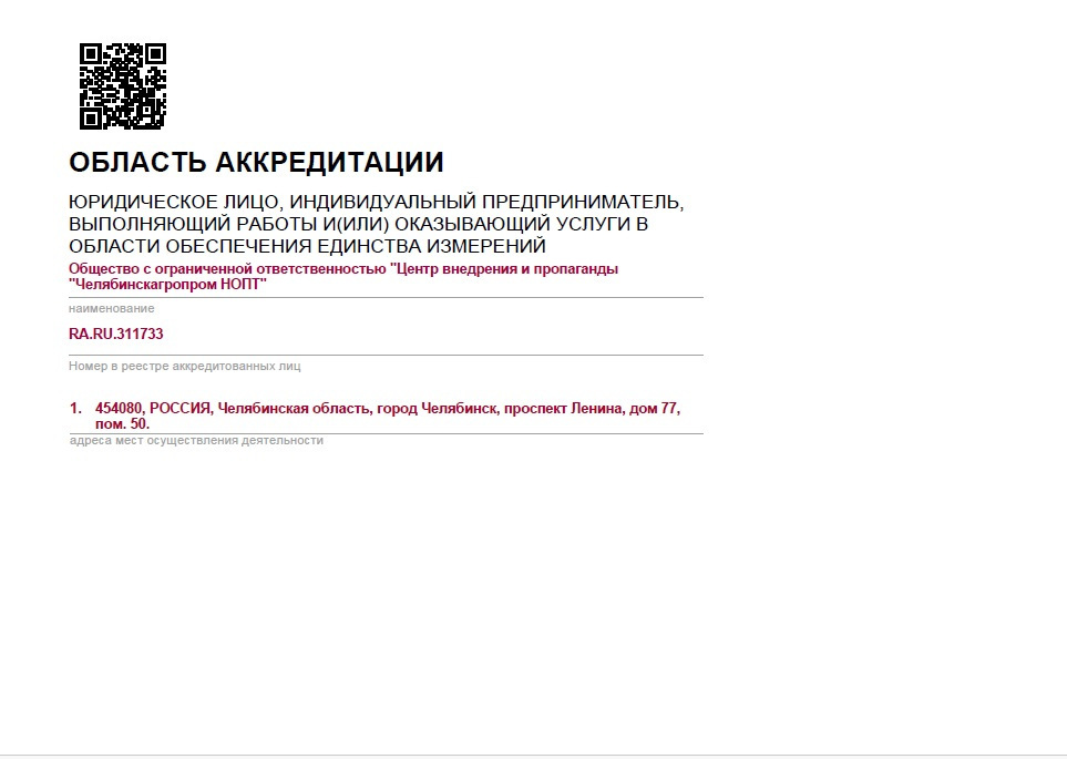 Область аккредитации